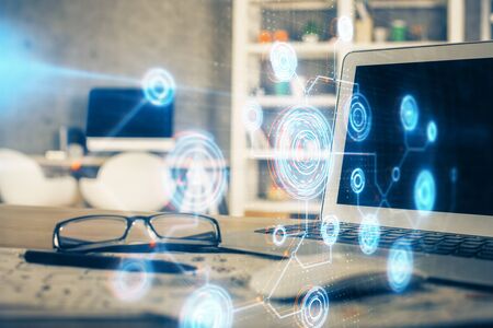 Technology theme drawing and table with computer.の写真素材