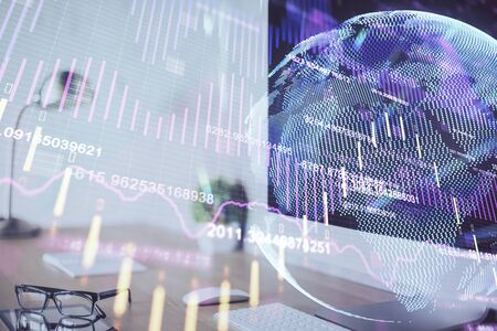 Multi exposure of forex chart and work space with computer. Concept of international online trading.の写真素材