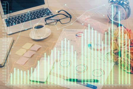 Multi exposure of forex chart and work space with computer. Concept of international online trading.