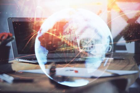 Multi exposure of business theme icons and table with computer background. Concept of success.の写真素材