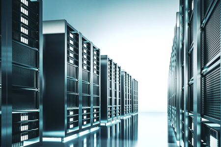 Contemporary server room background. Technology and hardware concept. 3D Rendering