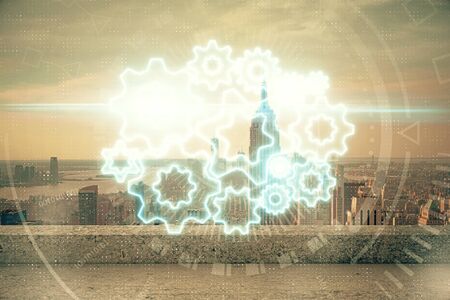 Double exposure of business theme hologram drawing and city veiw background. Concept of success.の写真素材