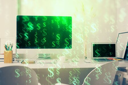 Stock market graph on background with desk and personal computer. Multi exposure. Concept of financial analysis.の写真素材