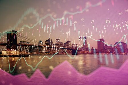 Financial graph on night city scape with tall buildings background multi exposure. Analysis concept.