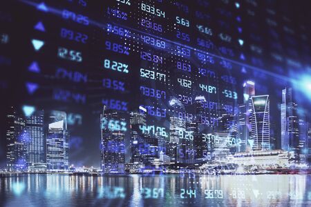 Financial chart on city scape with tall buildings background multi exposure. Analysis concept.