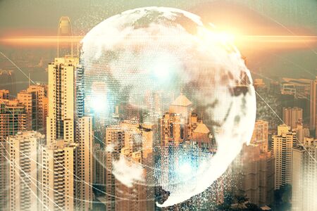 Double exposure of business theme hologram drawing and city veiw background. Concept of success.