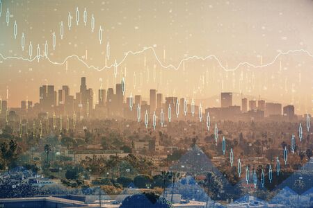 Forex chart on cityscape with skyscrapers wallpaper multi exposure. Financial research concept.