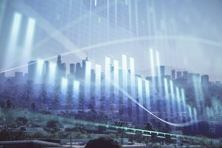 Forex chart on cityscape with skyscrapers wallpaper multi exposure. Financial research concept.