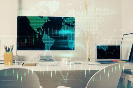Multi exposure of forex graph and work space with computer. Concept of international online trading.の写真素材