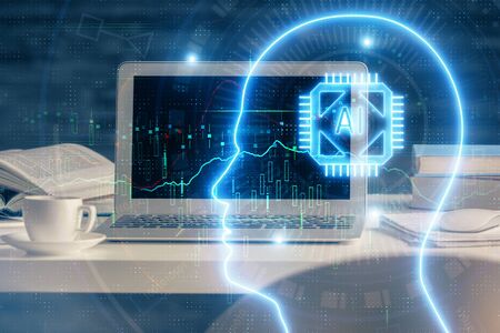 Double exposure of table with computer and brain hologram. Data innovation concept.