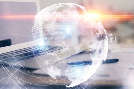 Double exposure of business theme icons and work space with computer background. Concept of success.