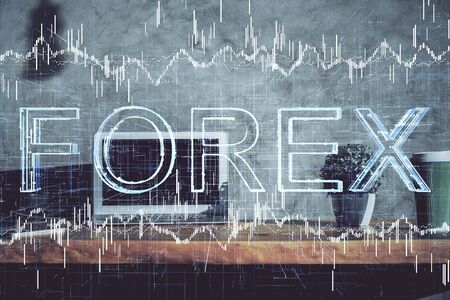 Multi exposure of chart and financial info and work space with computer background. Concept of international online trading.の写真素材