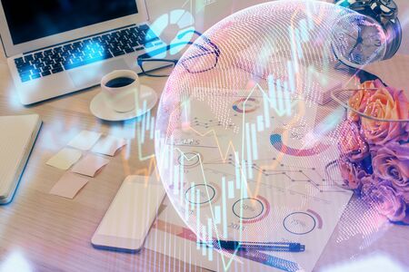 Multi exposure of forex graph and work space with computer. Concept of international online trading.の写真素材