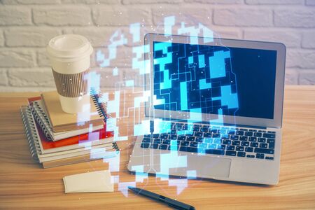 Technology theme drawing and table with computer. Double exposure. Concept of information.の写真素材