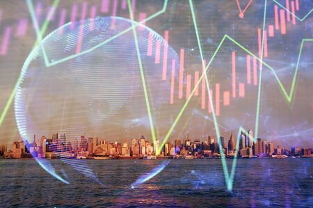 Forex chart on cityscape with skyscrapers wallpaper double exposure. Financial research concept.
