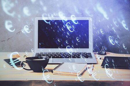 Multi exposure of graph and financial info and work space with computer background. Concept of international online trading.の写真素材