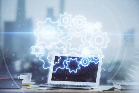 Multi exposure of business theme icons and table with computer background. Concept of success.の写真素材