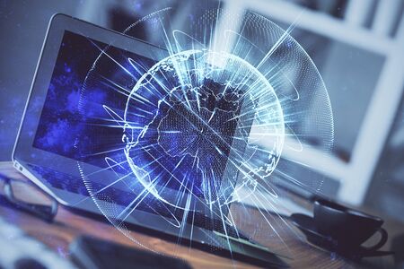 Multi exposure of business theme icons and table with computer background. Concept of success.の写真素材