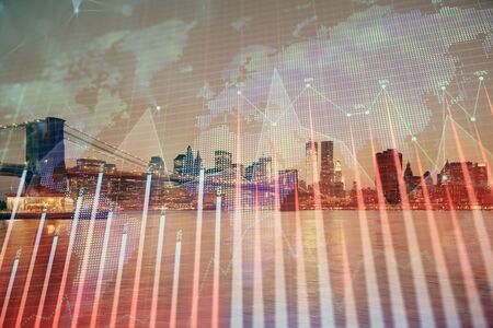 Financial graph on night city scape with tall buildings background multi exposure. Analysis concept.