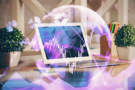 Multi exposure of forex chart and work space with computer. Concept of international online trading.の写真素材