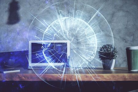 Multi exposure of business theme icons and table with computer background. Concept of success.の写真素材