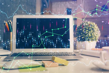 Multi exposure of forex graph and work space with computer. Concept of international online trading.の写真素材