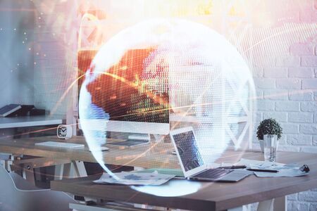 Multi exposure of business theme icons and table with computer background. Concept of success.の写真素材