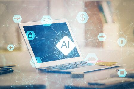 Technology theme drawing and work space with computer. Multi exposure. Concept of innovation.の写真素材