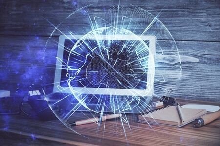 Multi exposure of business theme icons and table with computer background. Concept of success.の写真素材