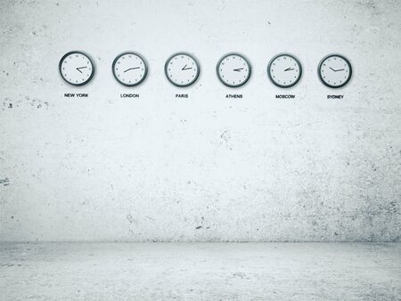 Six wall clocks showing time in different capitals of world. Time zones concept. 3D rendering