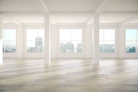 Interior with panoramic windows, city view and concrete columns. 3D Renderingの写真素材