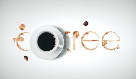 Coffee cup and prints word coffee. Close up. 3D Renderingの写真素材