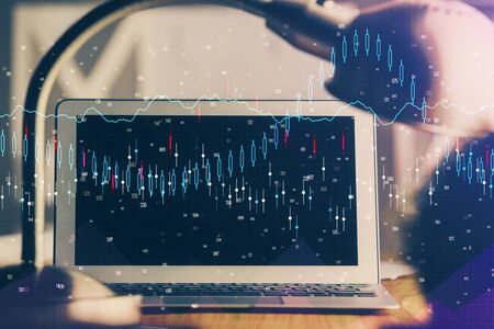 Multi exposure of forex chart and work space with computer. Concept of international online trading.