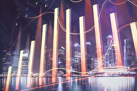 Financial chart on city scape with tall buildings background multi exposure. Analysis concept.