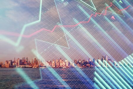 Forex chart on cityscape with skyscrapers wallpaper double exposure. Financial research concept.