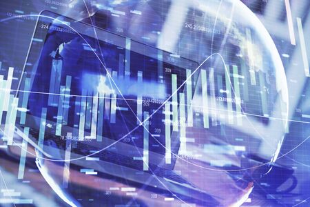 Multi exposure of business theme icons and table with computer background. Concept of success.の写真素材