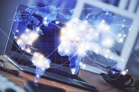 Multi exposure of business theme icons and table with computer background. Concept of success.の写真素材