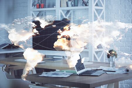 Multi exposure of business theme icons and table with computer background. Concept of success.の写真素材