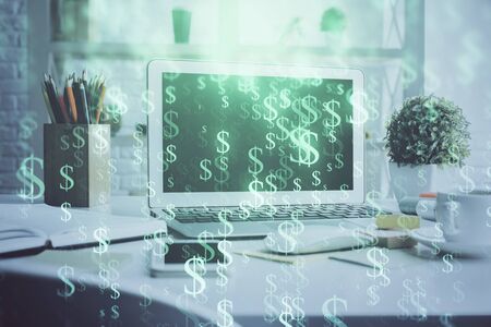 Forex Chart hologram on table with computer background. Multi exposure. Concept of financial markets.の写真素材