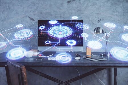 Computer on desktop with social network theme icon. Multi exposure. Concept of international connections.の写真素材