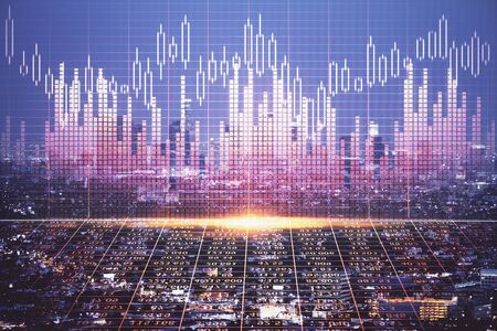 Financial graph on night city scape with tall buildings background double exposure. Analysis...