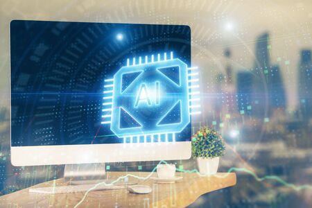 Technology theme drawing and table with computer. Multi exposure. Concept of information.の写真素材