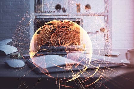 Computer on desktop with social network theme icon. Multi exposure. Concept of international connections.の写真素材