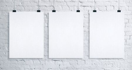 Three placard on brick wall. Gallery, art, exhibit and museum concept. Mock up, 3D Renderingの写真素材