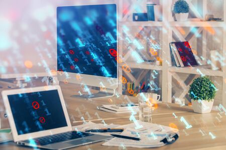 Multi exposure of computer on background and technology theme drawing. Concept of innovation.の写真素材