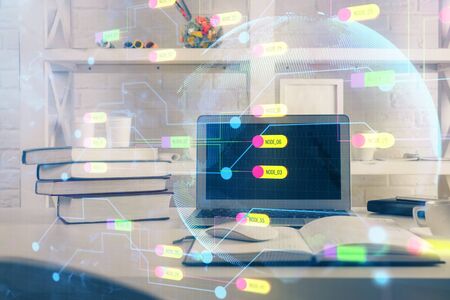 Technology theme drawing and work space with computer. Multi exposure. Concept of innovation.の写真素材