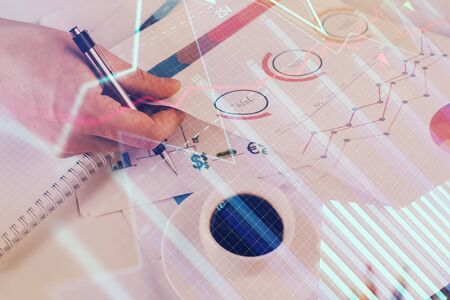 Multi exposure of man planing investment with stock market forex chart background. Concept of research and trading.の写真素材