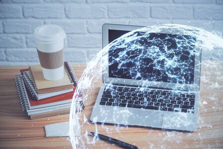 Computer on desktop with social network theme icon. Multi exposure. Concept of international connections.の写真素材