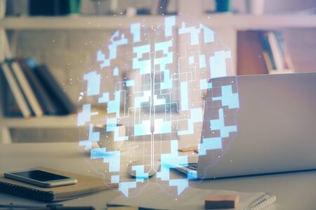 Technology theme drawing and work space with computer. Multi exposure. Concept of innovation.の写真素材