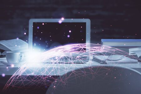 Computer on desktop with social network theme icon. Multi exposure. Concept of international connections.の写真素材